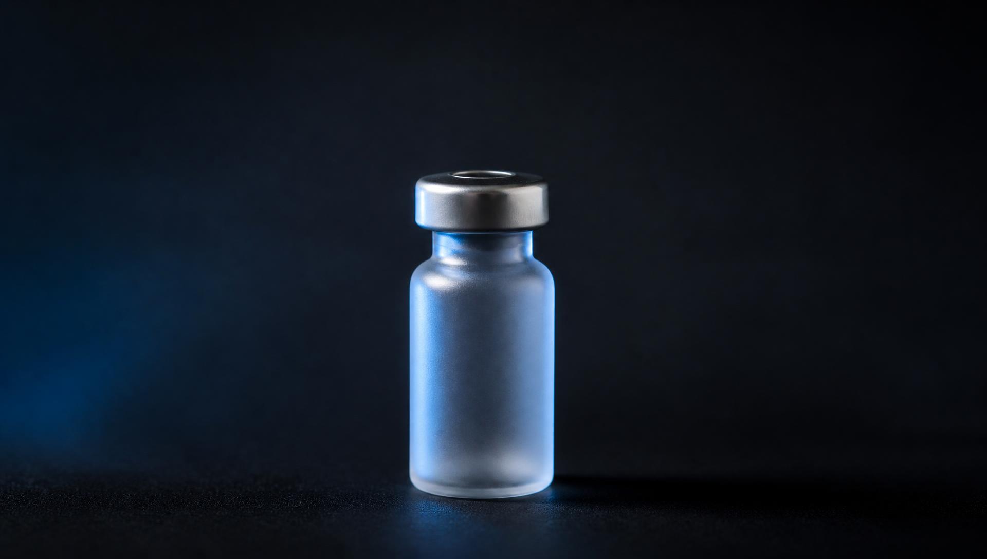 Frosted research peptide vial under studio lighting